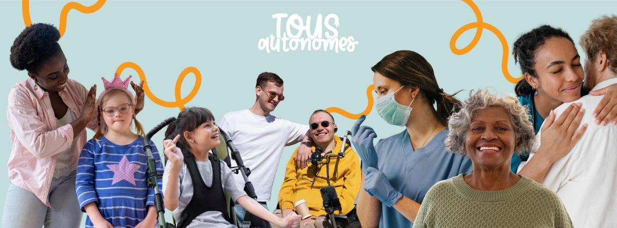 Collage de personnes en situation de handicap, aidants et soignants souriants, symbole de l'inclusion Tous Autonomes