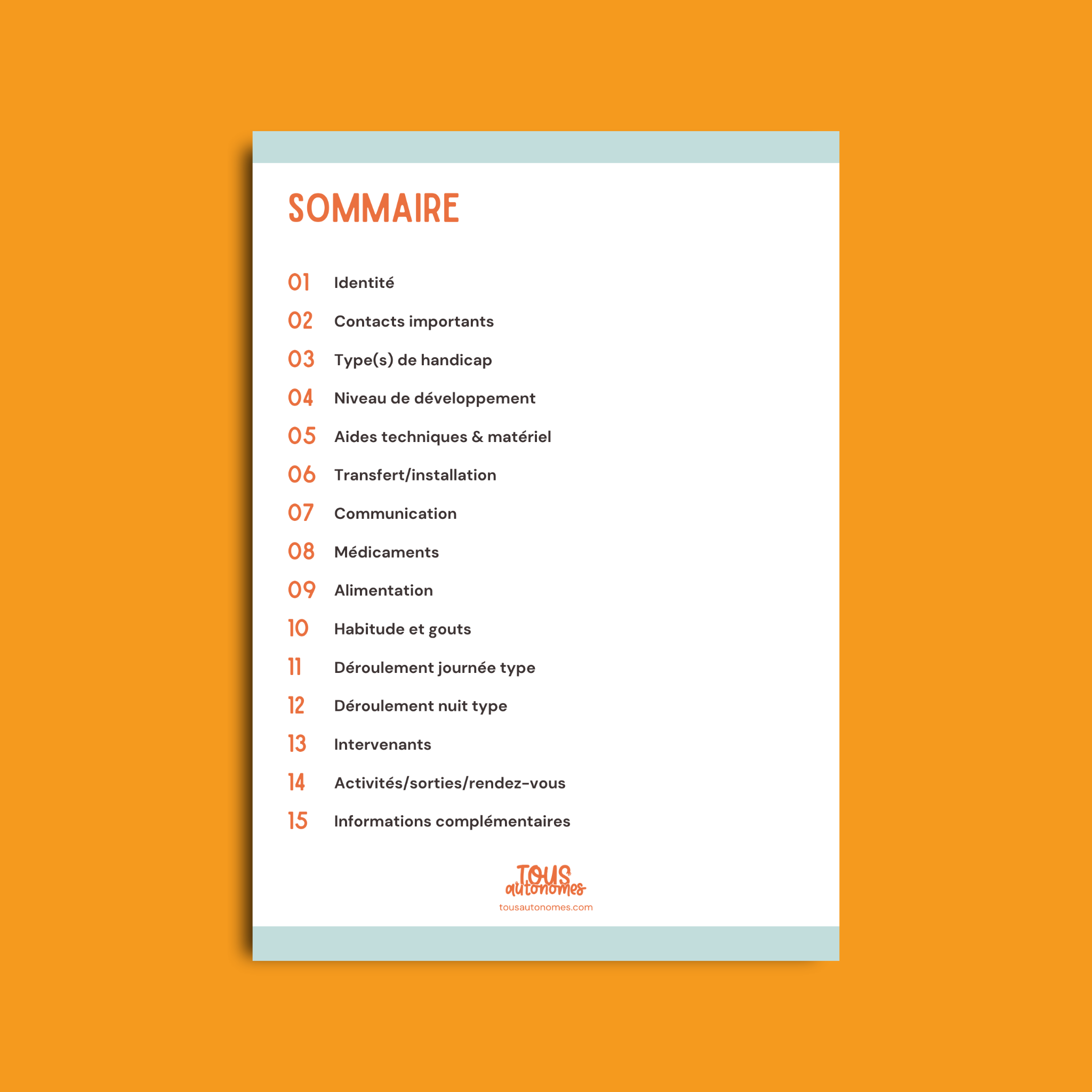 Sommaire du livret d'accompagnement enfant handicap 15 rubriques