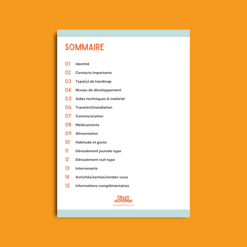 Sommaire du livret d'accompagnement enfant handicap 15 rubriques