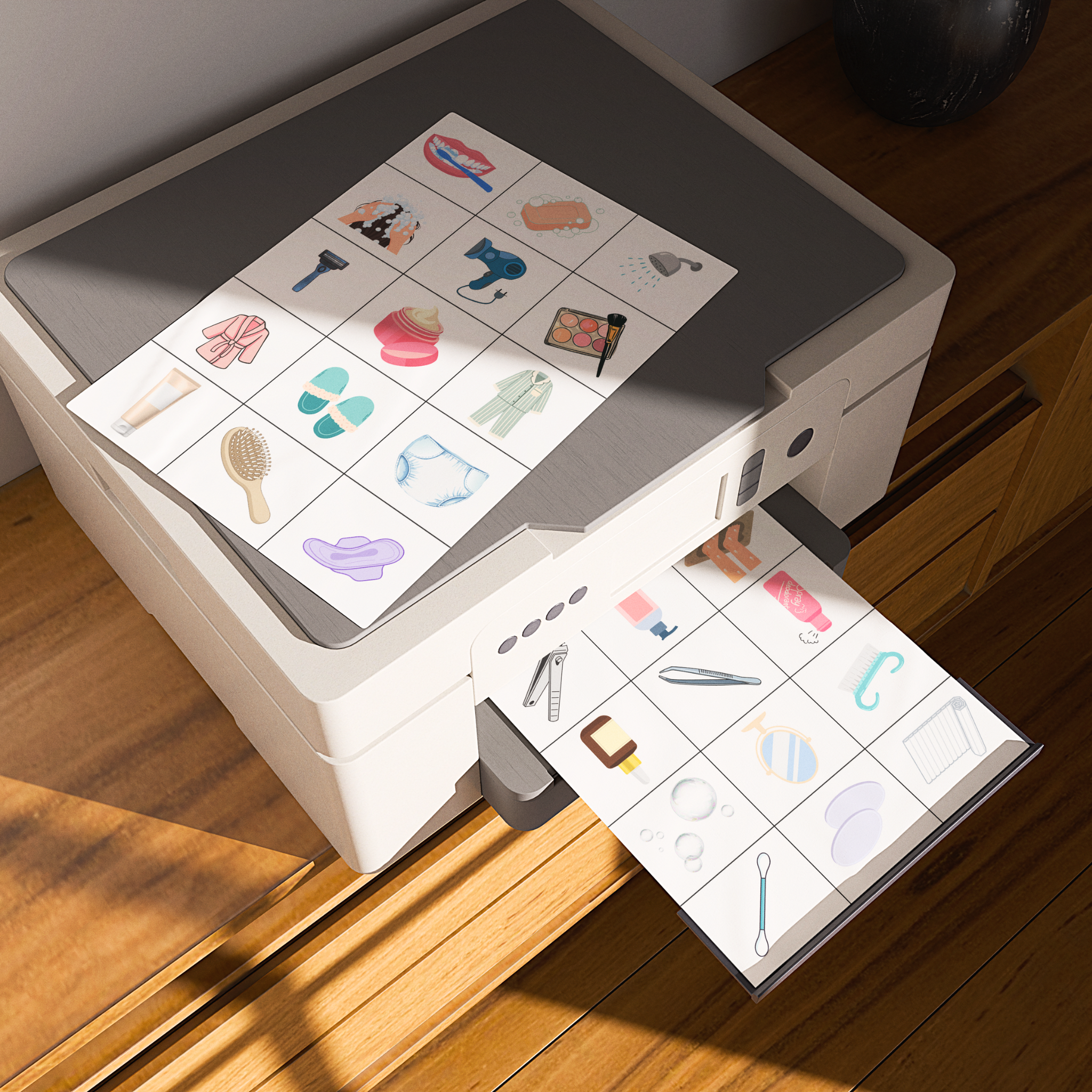 Fiche pictogrammes A4 en cours d'impression imprimante bureau