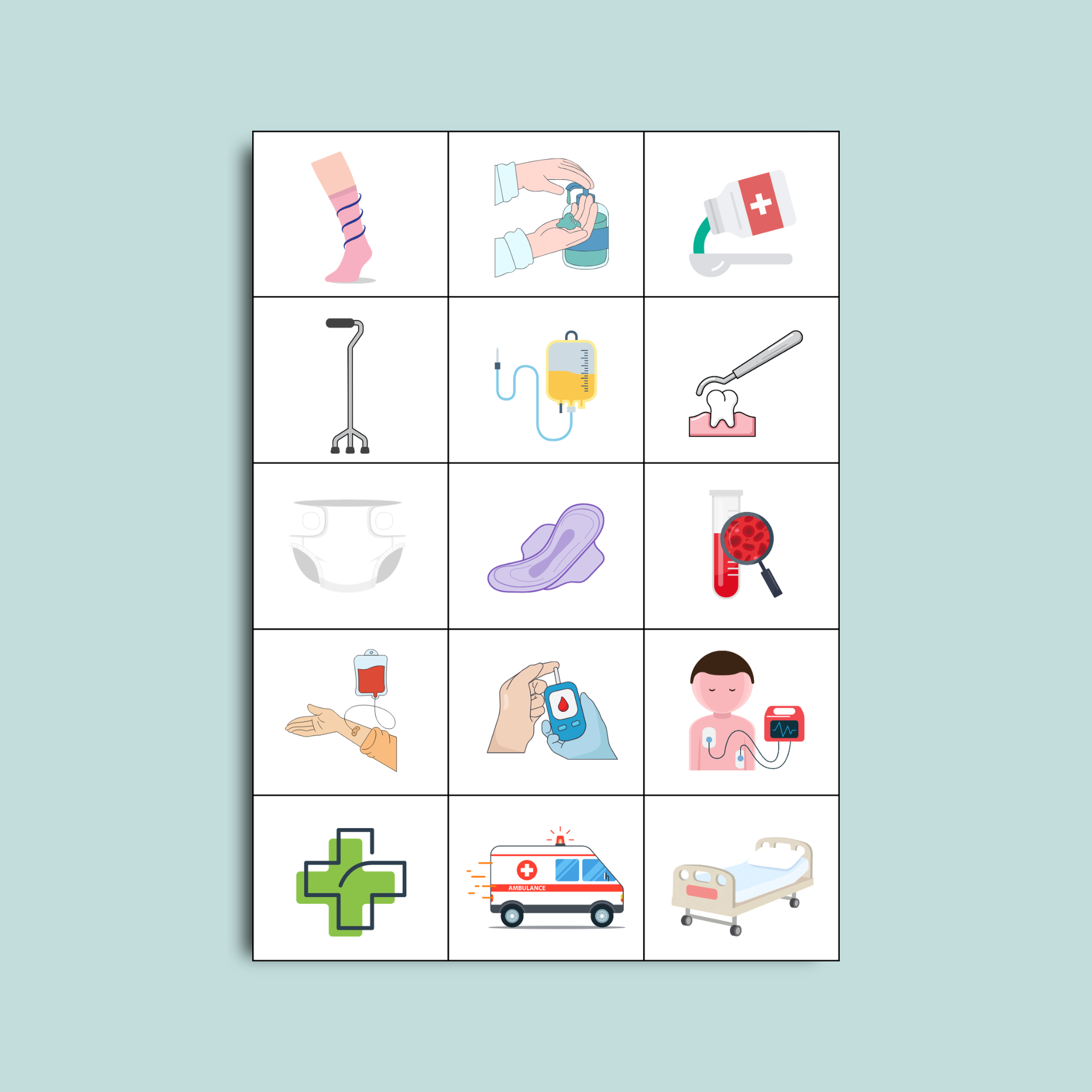 Fiche A4 des etiquettes de pictogrammes medical et soin